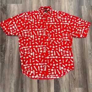 VTG 90s IZOD XL Button Front Short Sleeve Hawaiian Shirt, Red , Abstract Design.